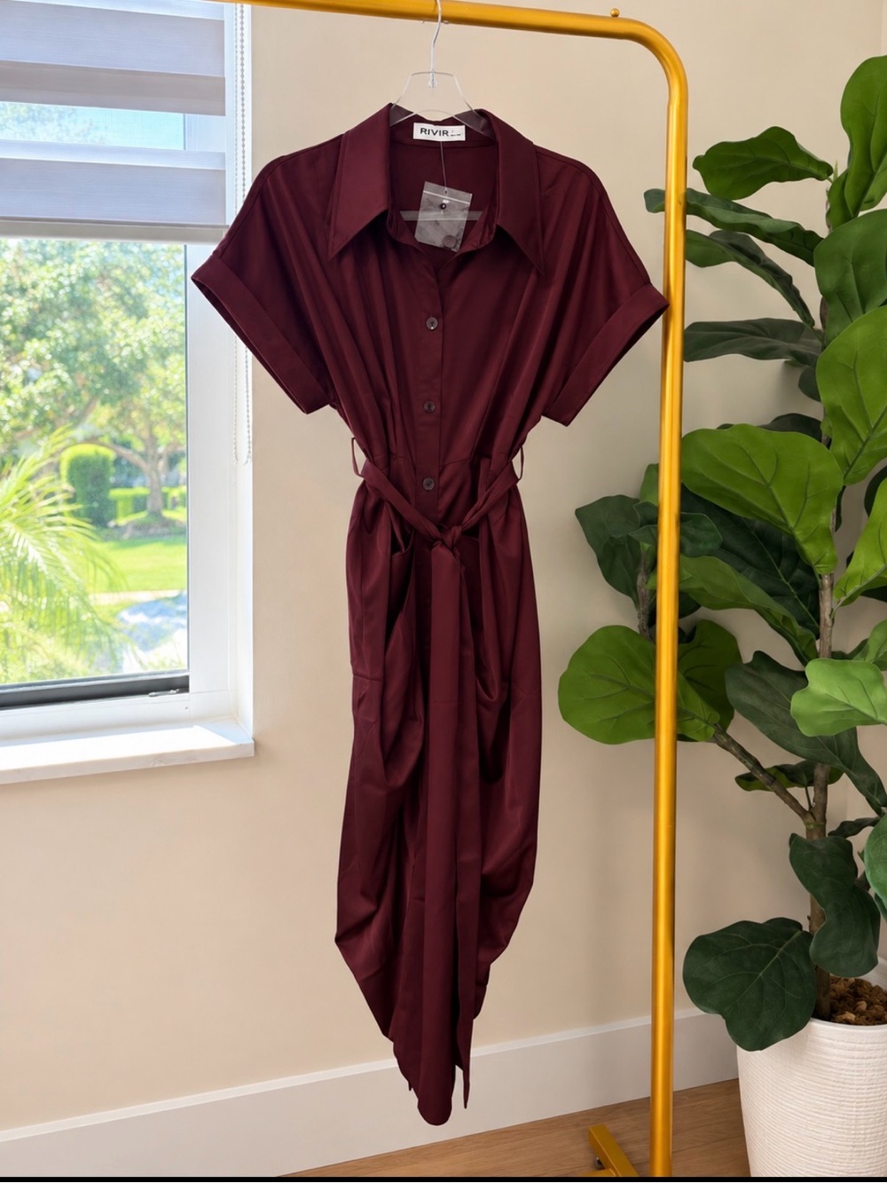 RIVIR Burgundy Draped Midi Shirt Dress Belted Asymmetrical NWT - Picture 2 of 3